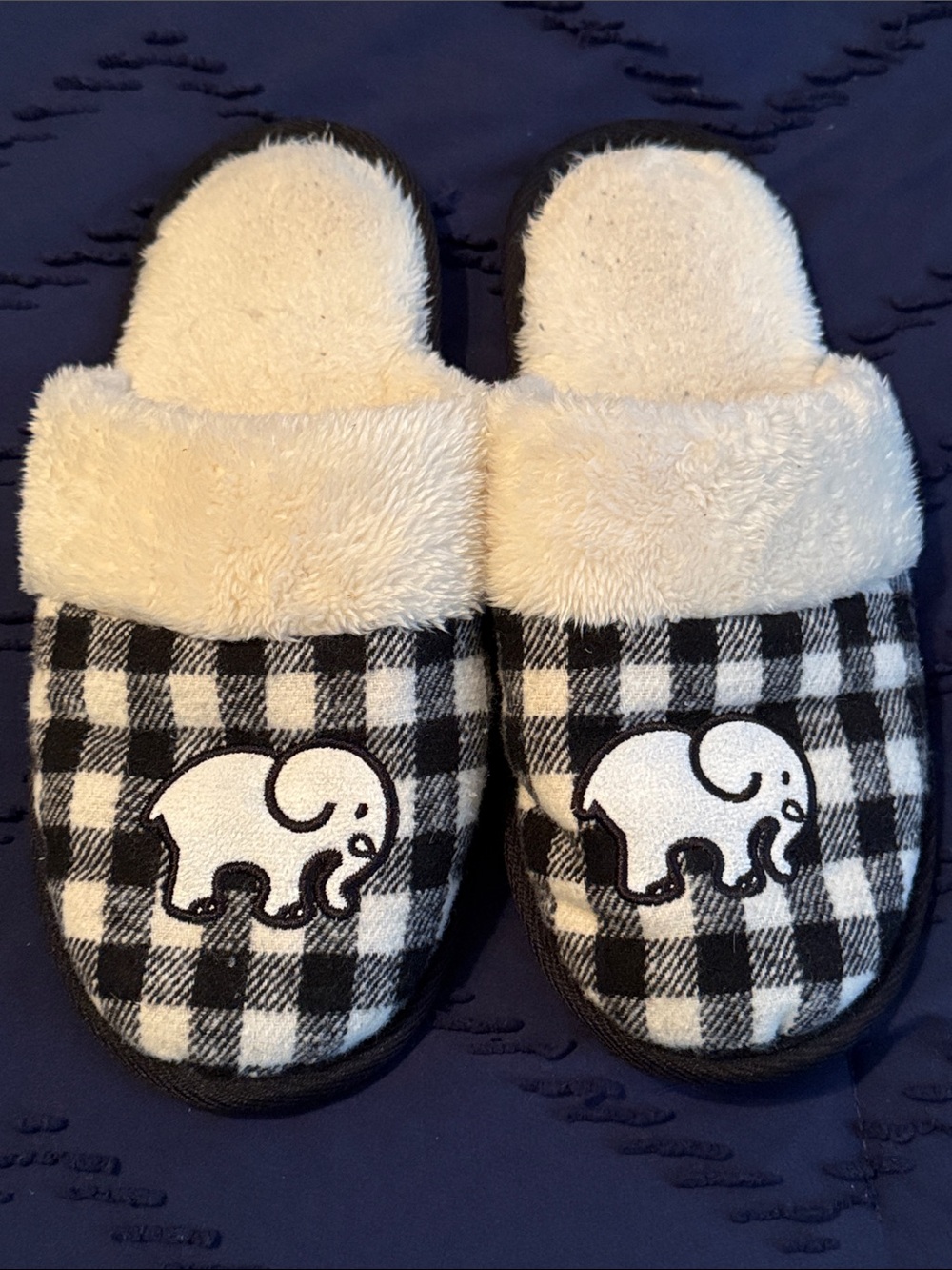 ivory ella Black and White Buffalo Plaid Plush Slippers with Elephant Patch